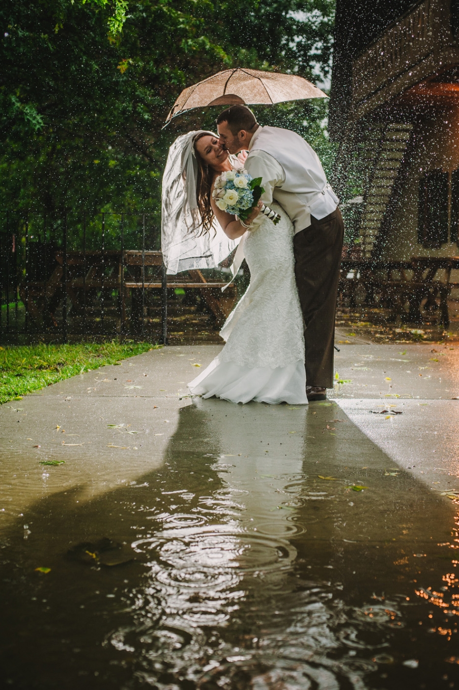 Bride and groom under the rain
