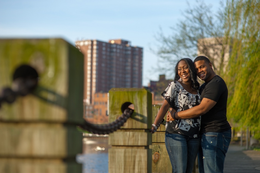 Engagement Portrait by the "burning" river in cleveland