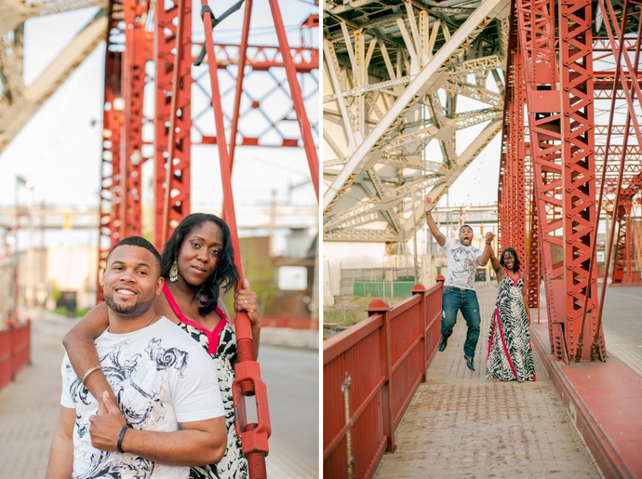 Engagement session by the red bridge in the cleveland flats