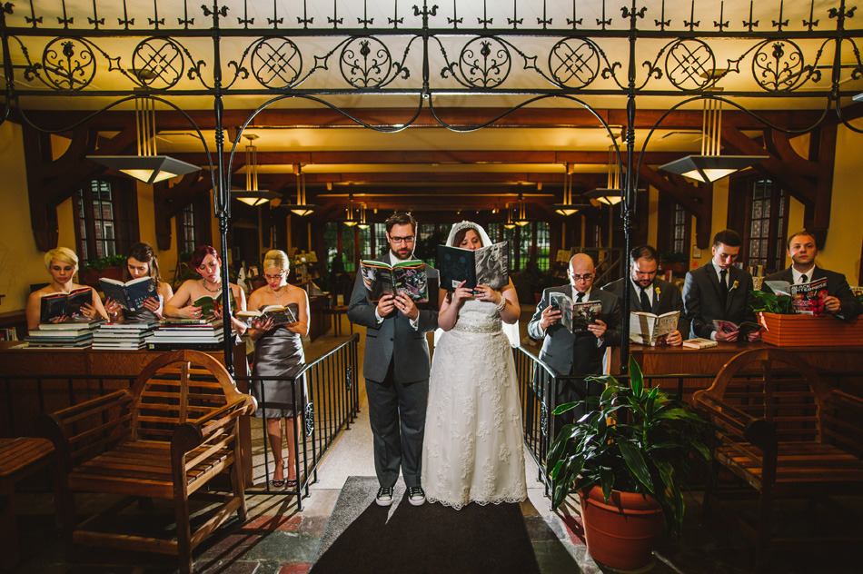 wedding party in library