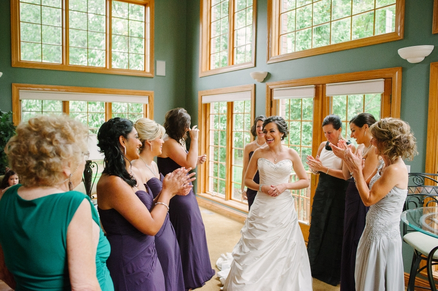 the wedding dress is on